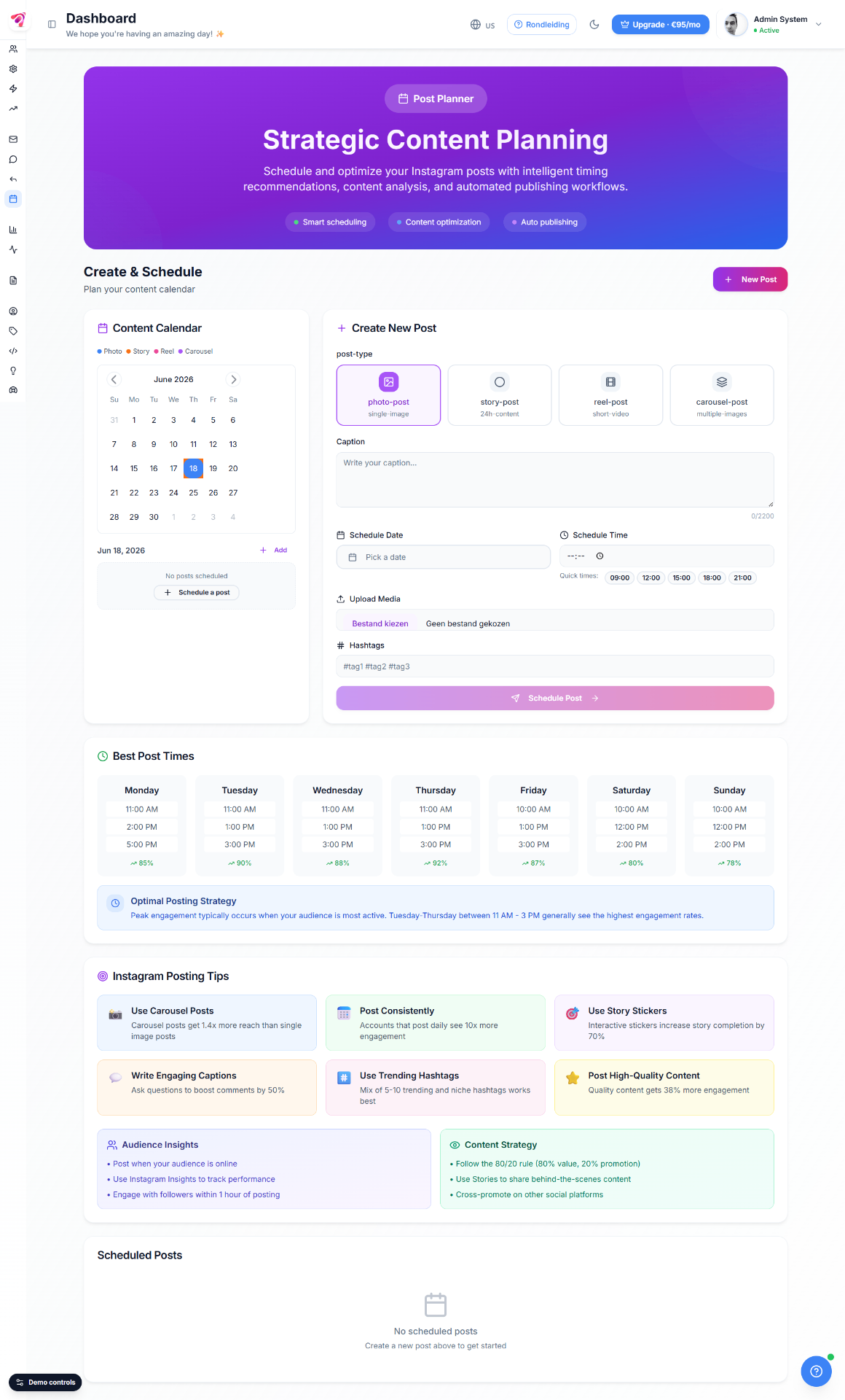 Post Planner dashboard — content kalender, beste post-tijden en scheduling