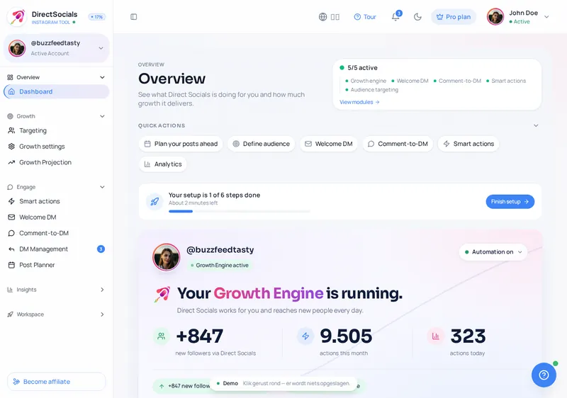 Voorbeeld van het Direct Socials dashboard